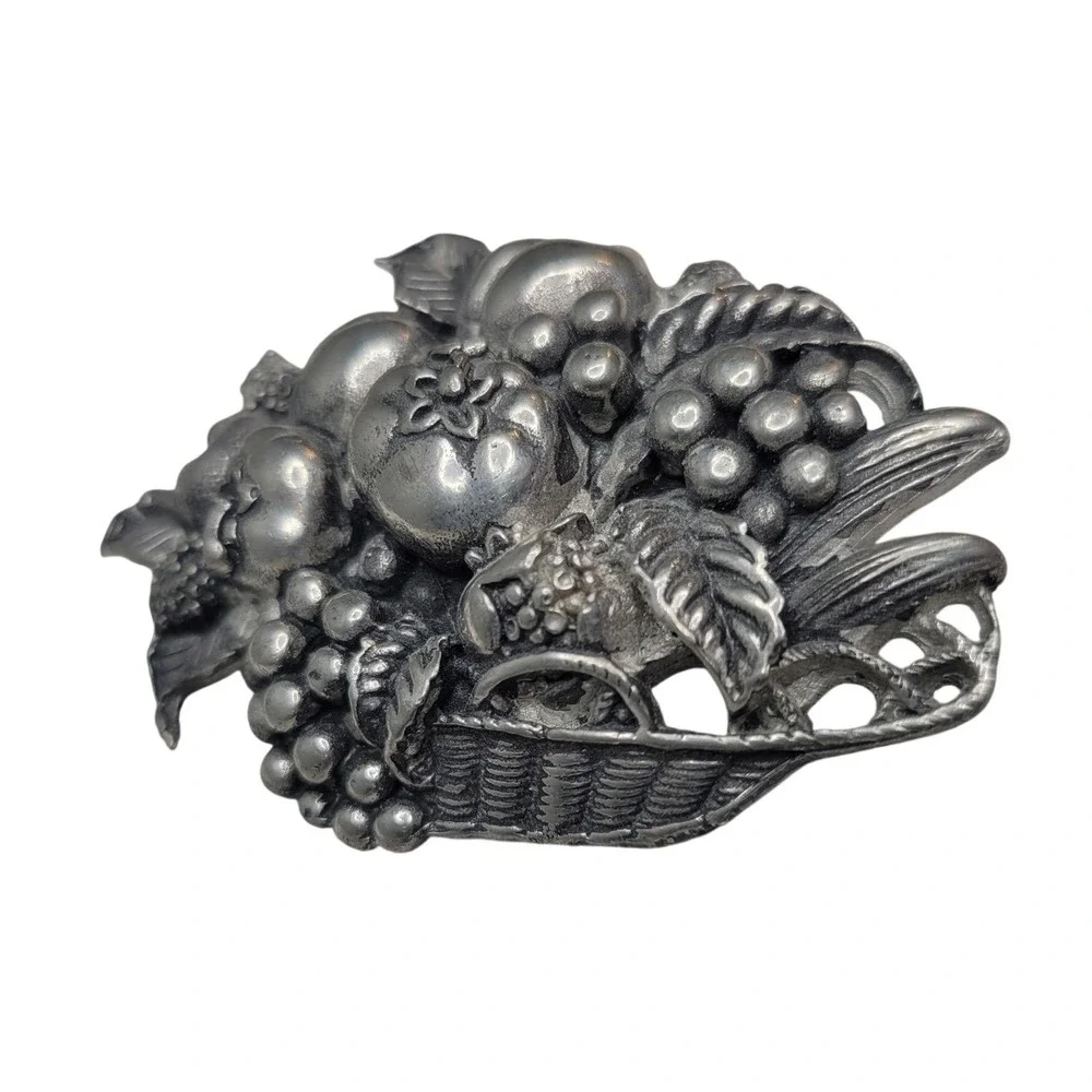 Vintage Elias Pewter Fruit Basket Brooch 925 Festive Fall Harvest Thanksgiving